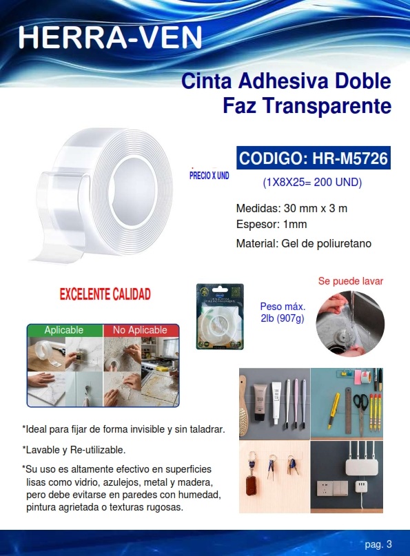 CINTA ADHES DOBLEFAZ TRANSP 30MMX3MTS - ESPESOR 1MM - MAX900