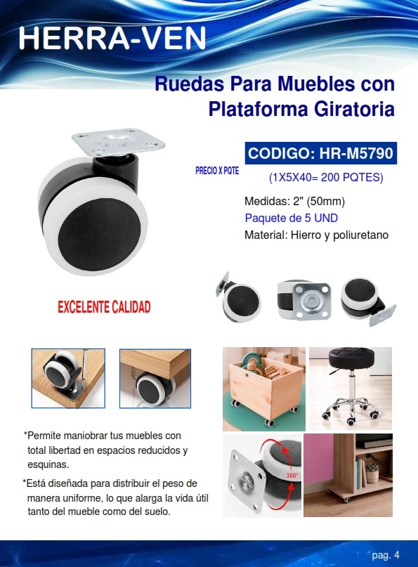 RUEDAS P/MUEBLES - BASE GIRAT - 2" (50MM) 5UND - HIERRO POLI