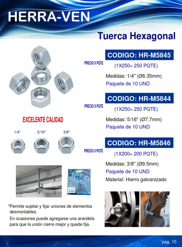 TUERCA HEX 1/4 (10UND) - HIERRO