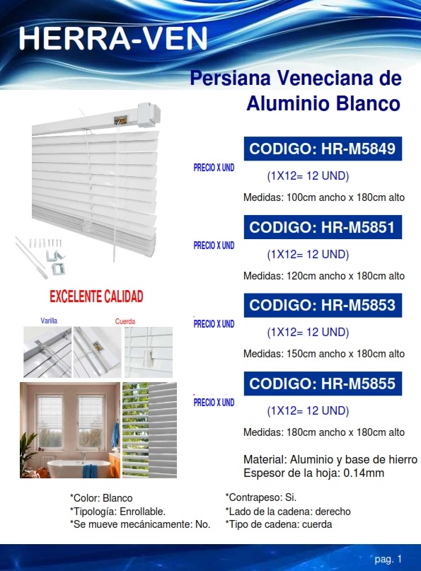 PERSIANA T/VENECIA ENROLLAB - BLANCA - 1,8 X 1,8 MTS - ALUM