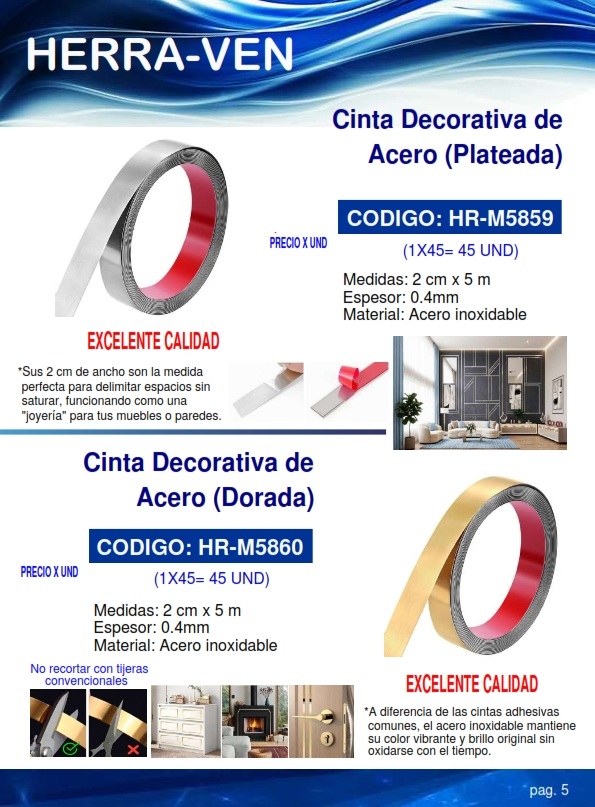 CINTA DECOR ACERO DORADO - 2CM X 5MTS - ACERO