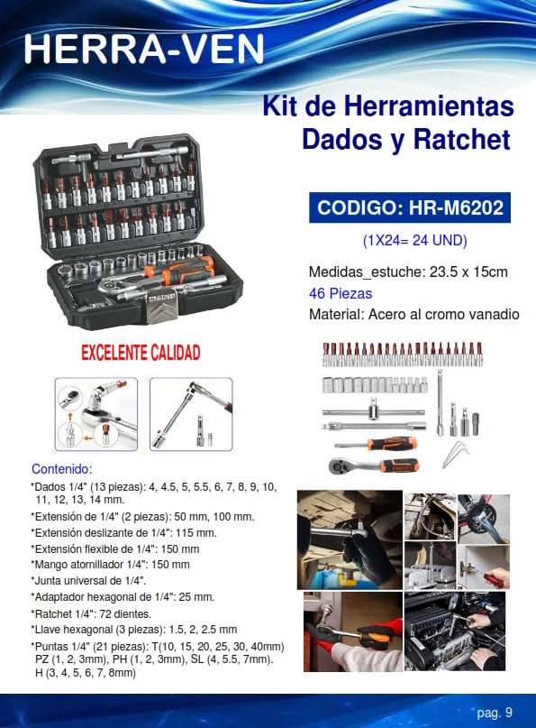 KIT HERRAMIENTAS DADOS Y RATCHET - 46PZAS - ACERO AL CROMO