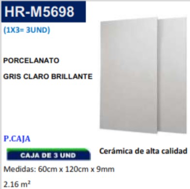 PORCELANAT GRIS CLARO BRILLANTE 60X120XCM - 9MM - 2,16M2 - (