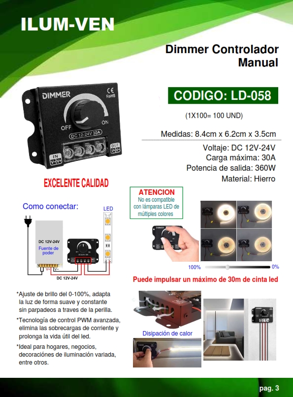 DIMMER MANUAL - 12-24v - 30A - 360W - METAL - MAX 30MTS