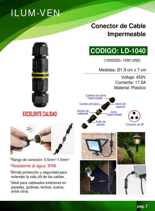 CONECTOR IMPERMEABLE P/CABLE 0,5-1,5MM - MAX 17AMP - PLAST -