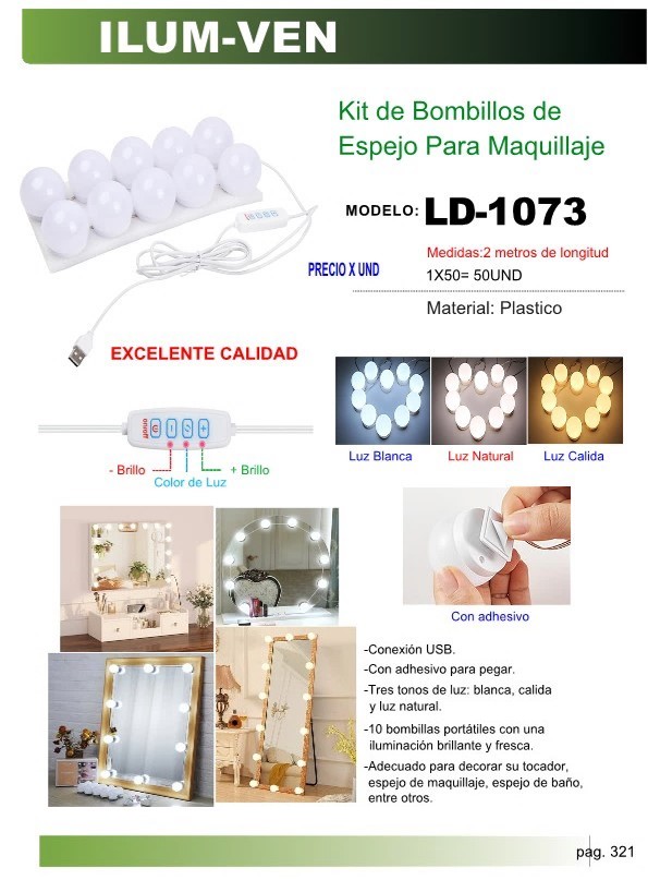 KIT DE BOMBILLOS P/ESPEJO MAQUILLAJE - 10 BOMB - 2 MTS