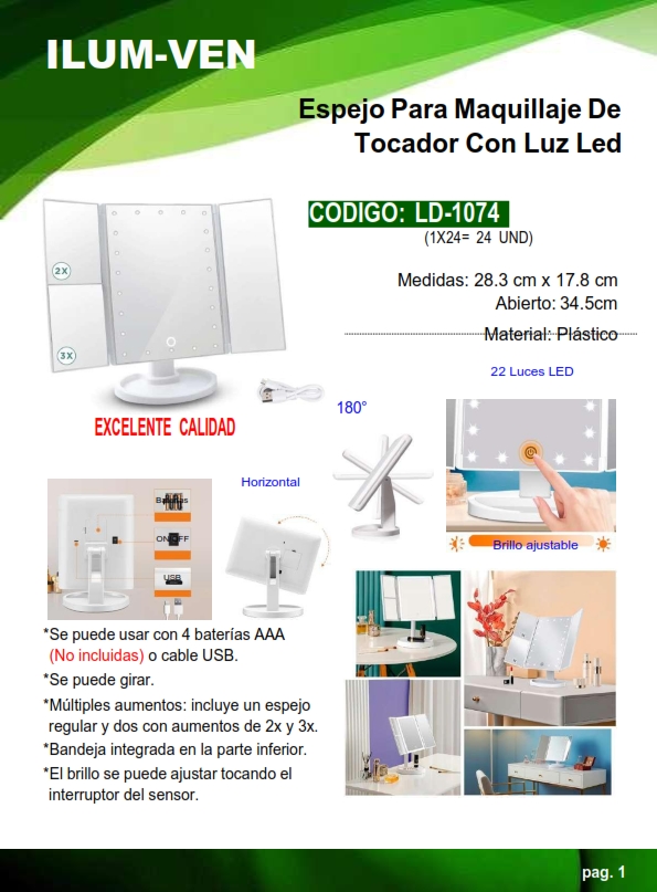 ESPEJO MAQUILLAJE AJUSTABLE - 22LED - USB o AAA - PLAST