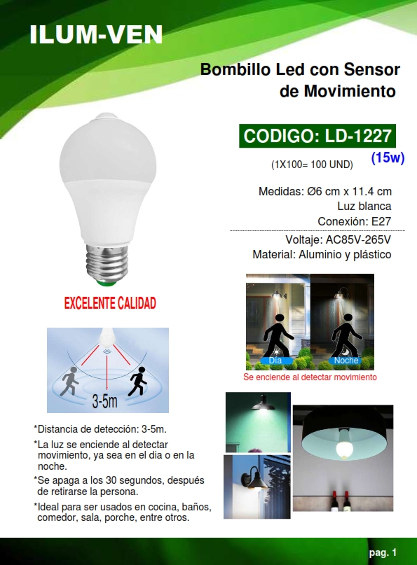 BOMB C/SENSOR MOVIM - 15W - 6500K - E27 - PLAST - 5MTS