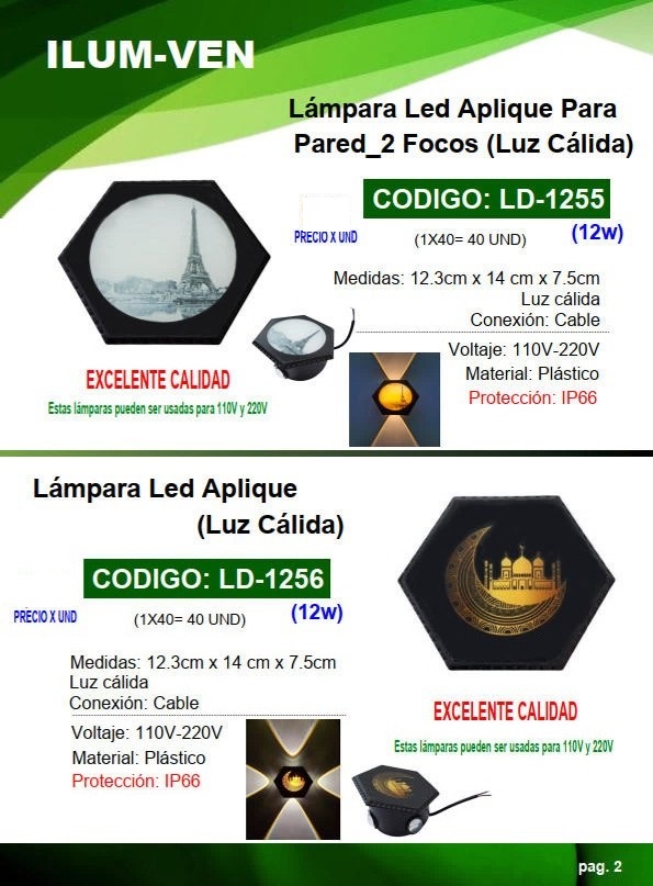 LAMP LED APLIQUE 12W P/PARED - HEXAG - C/IMAGEN 2 FOCOS (LUZ