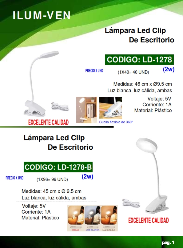 LAMP LED CLIP P/ESCRITORIO 3 COLORES - 2W - 45X9,5CM