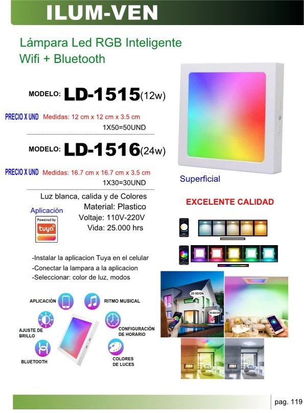LAMP LED CUADRAD RGB INTELIG WIFI + BLUET (12w) - 12X12CM - 