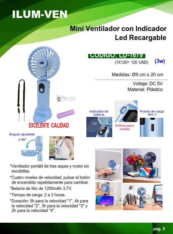 MINI VENTILADOR RECARGABLE - 3W - DC 5V - PLAST - 9X20CM