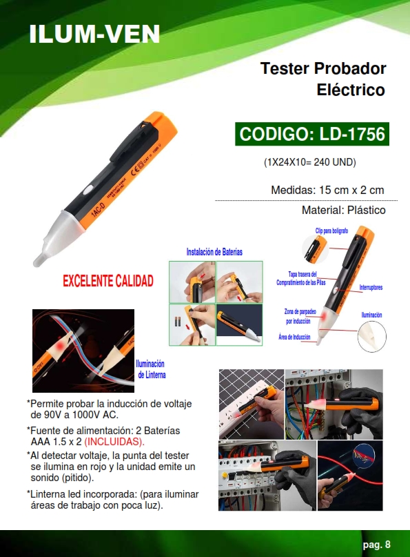 TESTER PROBADOR LAPIZ - BAT AAA - 90V-1000V AC - 15X2CM - PL