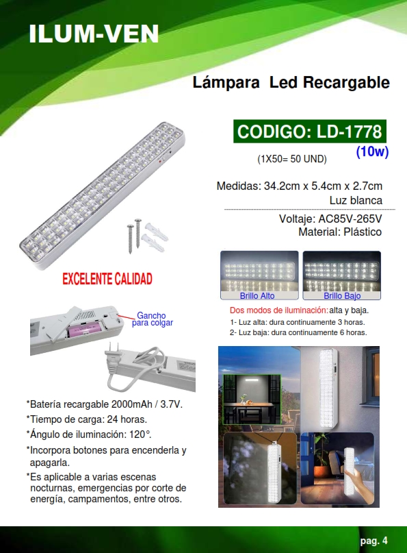 LAMP LINEAL RECARG - 10W - 2000MAH - 3,7V - CARGA 24HRS - 34