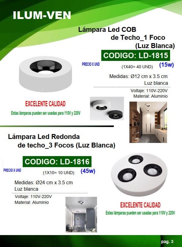 LAMP LED COB BLANCA 15W - LUZ BLANC P/TECHO REDOND 1FOCO - 1