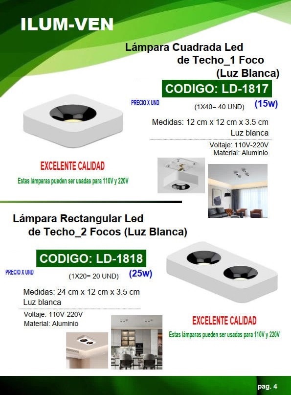 LAMP LED COB BLANCA 15W - LUZ BLANC P/TECHO CUADRAD 1FOCO - 