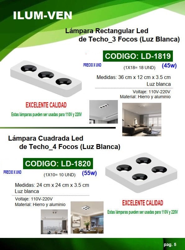 LAMP LED COB BLANCA 45W - LUZ BLANC P/TECHO CUADRAD 3FOCO - 