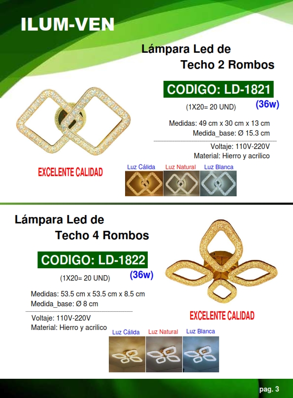 LAMP D/TECHO 4 ROMBOS - 36W - 3COLORES - 53X53CM - METAL ACR