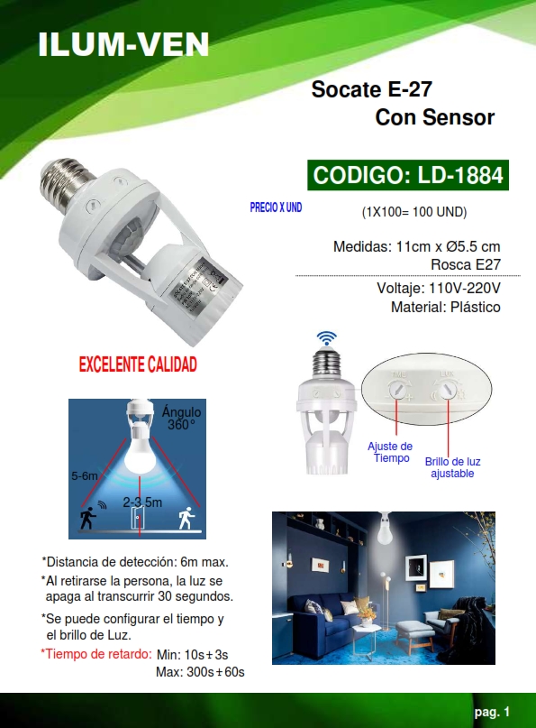 SOCATE E-27 C/SENSOR AJUSTABLE - PLAST 11CM