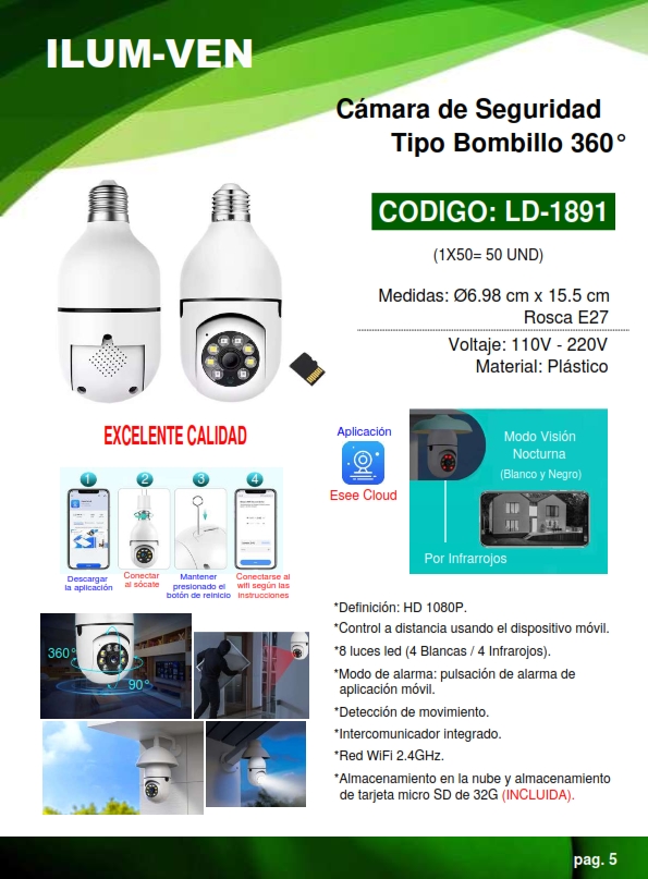 CAMARA SEGURIDAD 360° BLANCA - E27 - 110/220v - 1080P - APP 