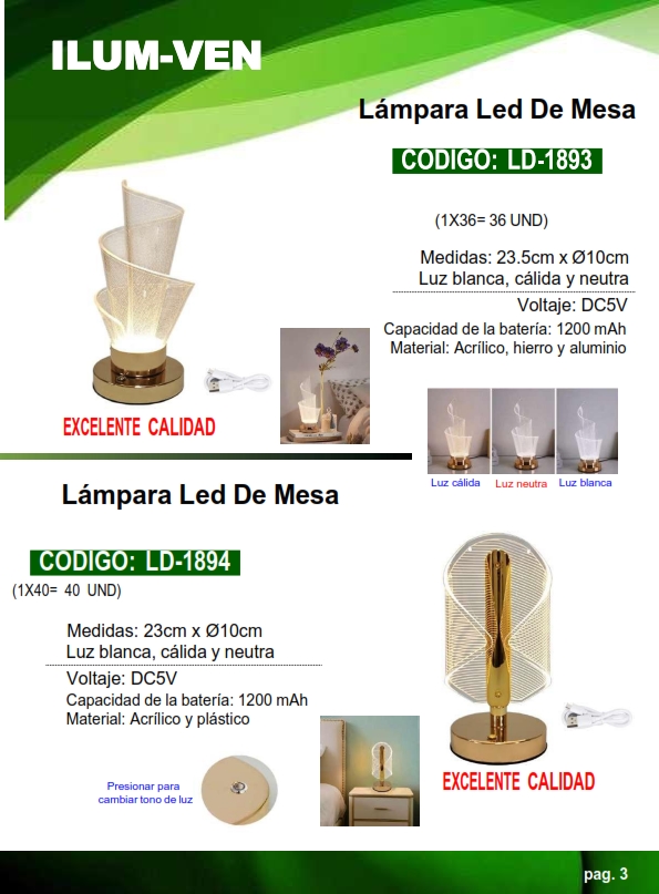 LAMP LED FORMA HOJA - 3 TONOS - 5V DC -  1200mH - 23X10CM - 