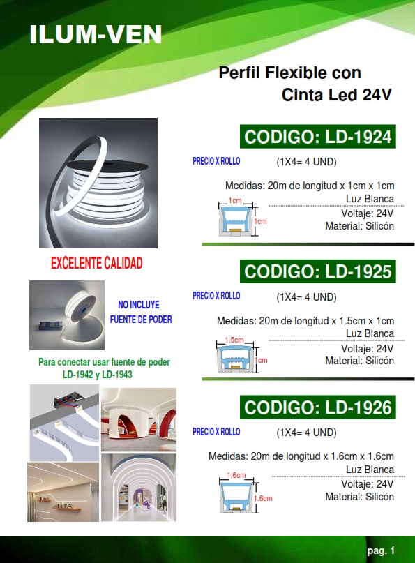 PERFIL FLEX CON CINTA LED LUZ BLANCA - 1x1CM x20mts - 24V