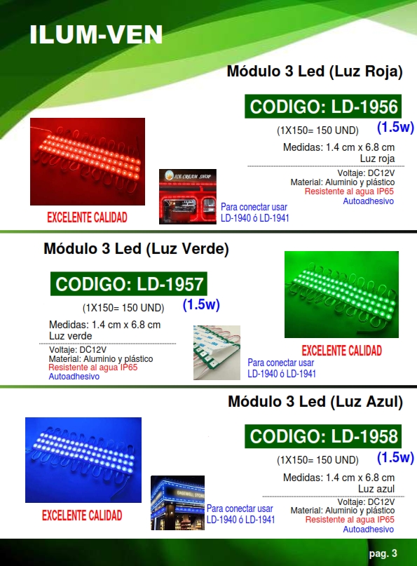 MODULOS 3 LED - 1,5W - 12V - VERDE - 1,4X6,8CM - IP65 (USAR 