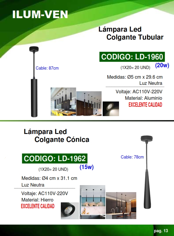 LAMP COLGANTE NEGRA CONICA - 15W - 4000K - 78CM - 31X4CM - A