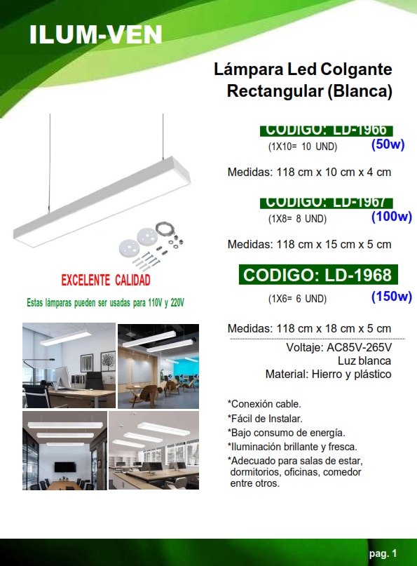 LAMP COLGANTE RECT BLANCA - 150W - 6500K - 118X18CM ALUM