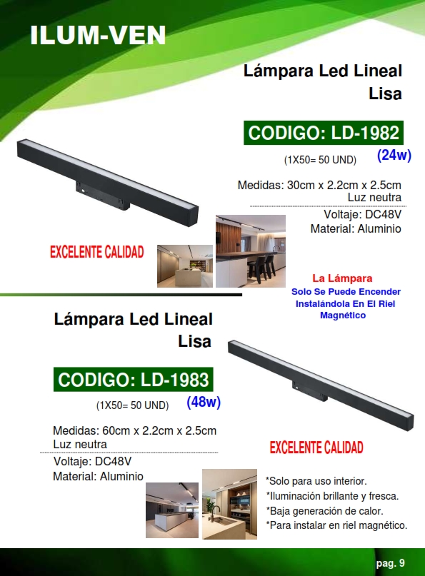 LAMP LED LINEAL LIZA NEGRA - 48V - 48W - LUZ NEUTRA - 60X2,5
