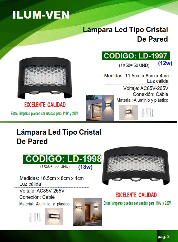 LAMP LED P/PARED C/CRISTAL - NEGRA - 12W - 3500K - 2LED - 85