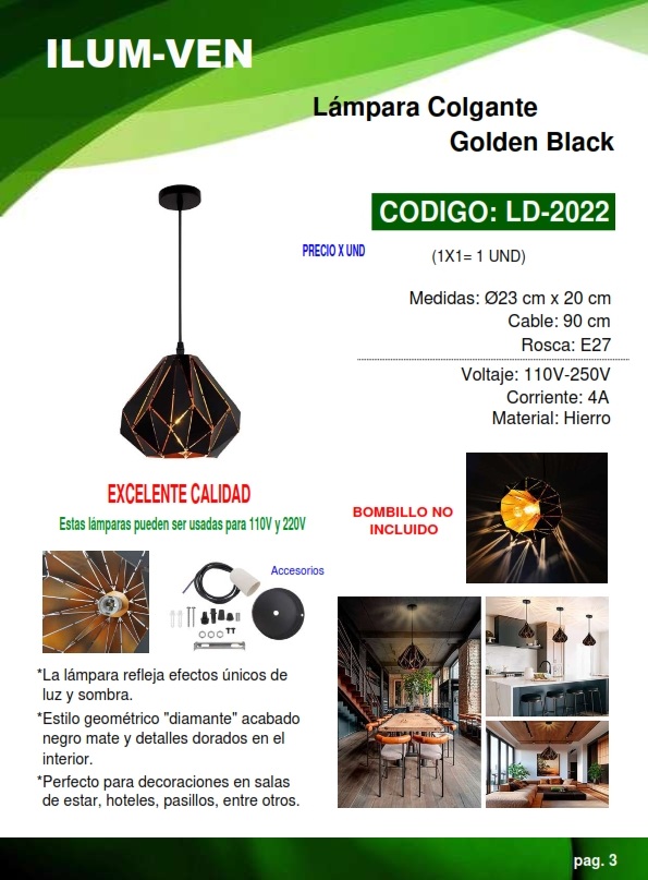 LAMP COLG GOLDEN BLACK - E27 4AMP - 23X20CM - HIERRO
