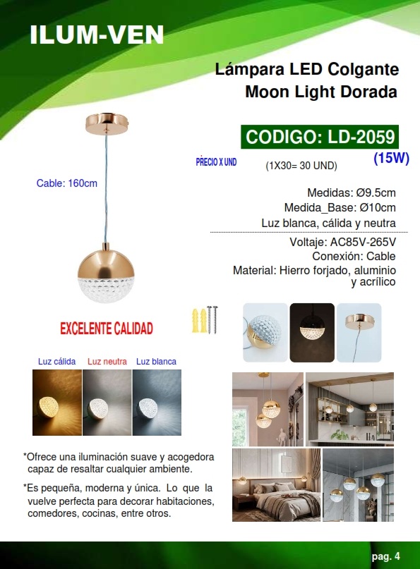 LAMP COLG DORADA 15W - MOON LIGHT - 3 LUCES - 1,6MTS - HIERR