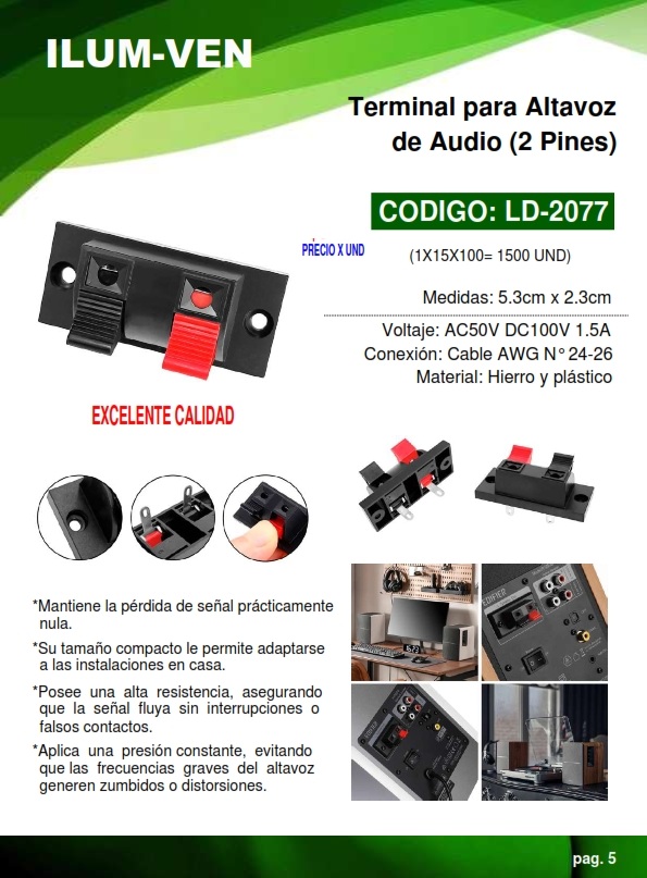 TERMINAL RECT P/ALTAVOZ AUDIO - 2 PINES - 1,5AMP - AWG 24-26