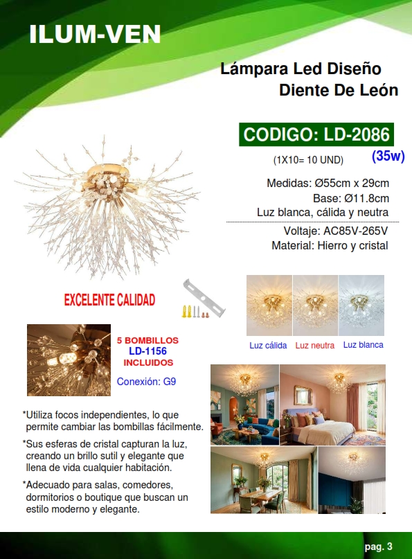 LAMP COLG 1,2MT FORMA DIENT LEON 35W - 3 TONOS - 85-265V - 1