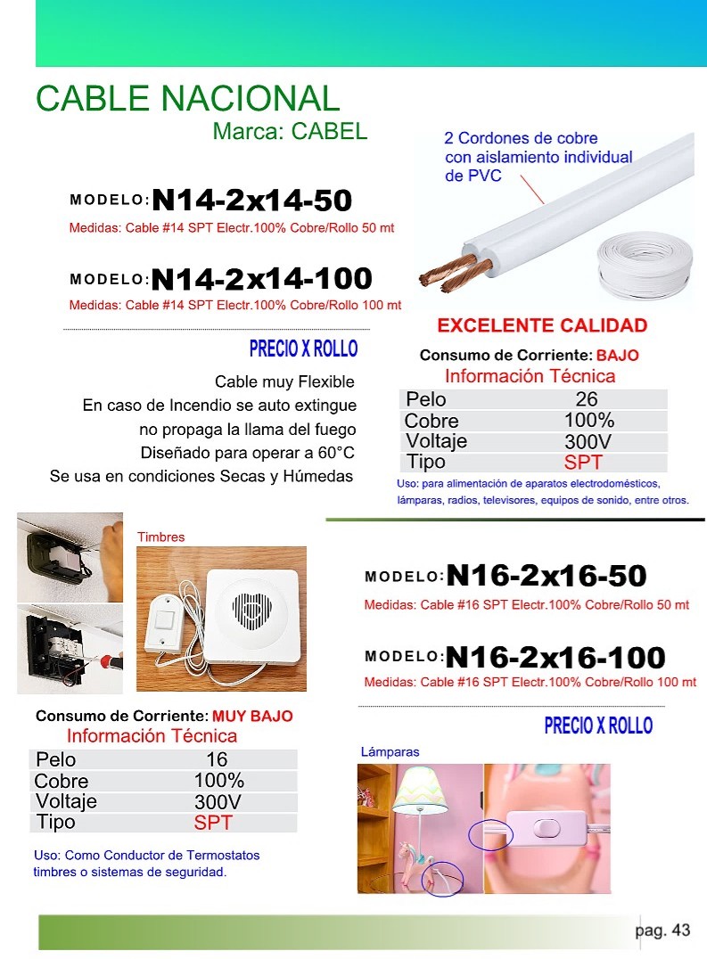 CABLE No14 SPT ELECTR.100% COBRE/ROLLO 100 Mts.