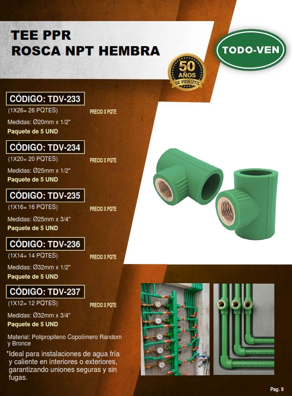 TEE ADAPT PPR - 25MM X 1/2 NPT HEMBRA - 5UND