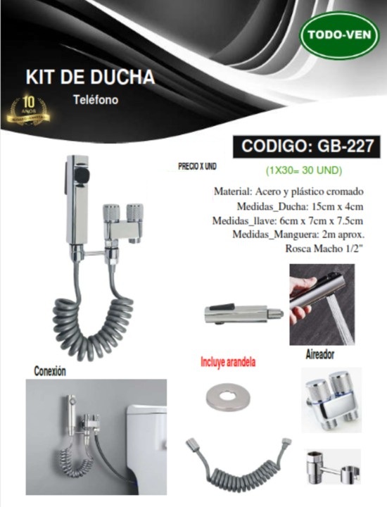 KIT DUCHA TELEF - 15X4CM - 2MTS - ACERO Y PLAST CROM - 1/2
