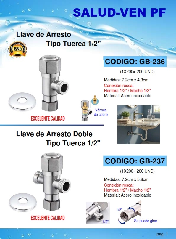 LLAVE ARRESTO T/TUERCA DOBLE 1/2 M/H - 7,2X5,8 CM ACERO INOX