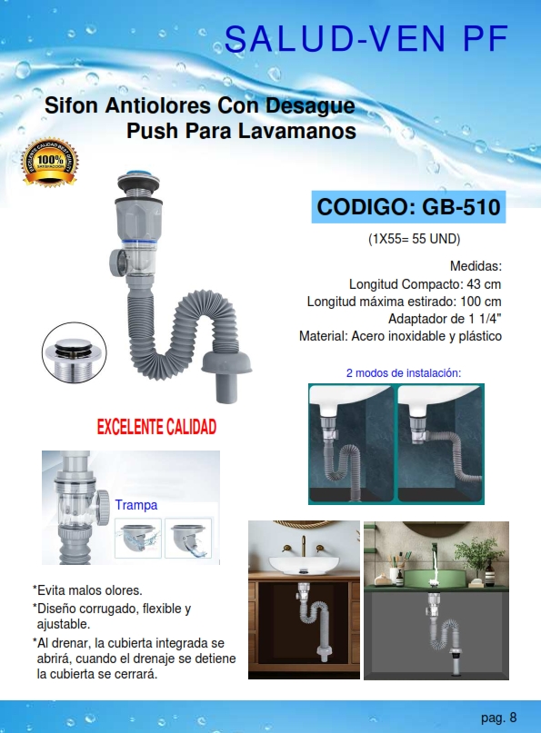 SIFON ANTIOLORES LAVAM PLAST - C/DESAGUE PUSH - ACERO - TRAM