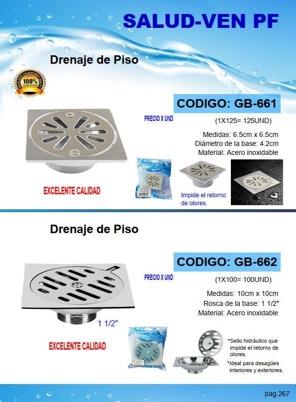 DRENAJE PISO C/TORN CENTRAL ACERO INOX CUADRAD 10CM X ROSCA 