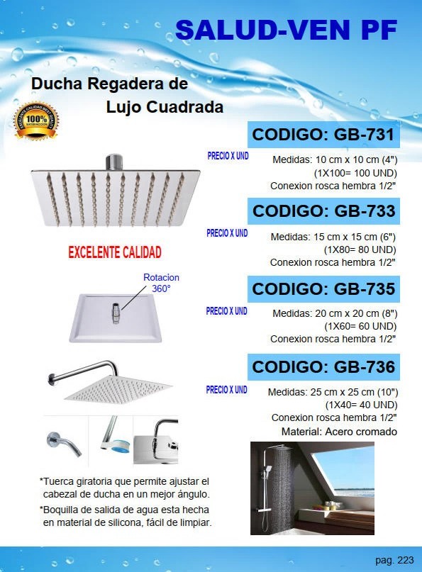DUCHA REG INOX/CROM 1/2 X 8" CUAD