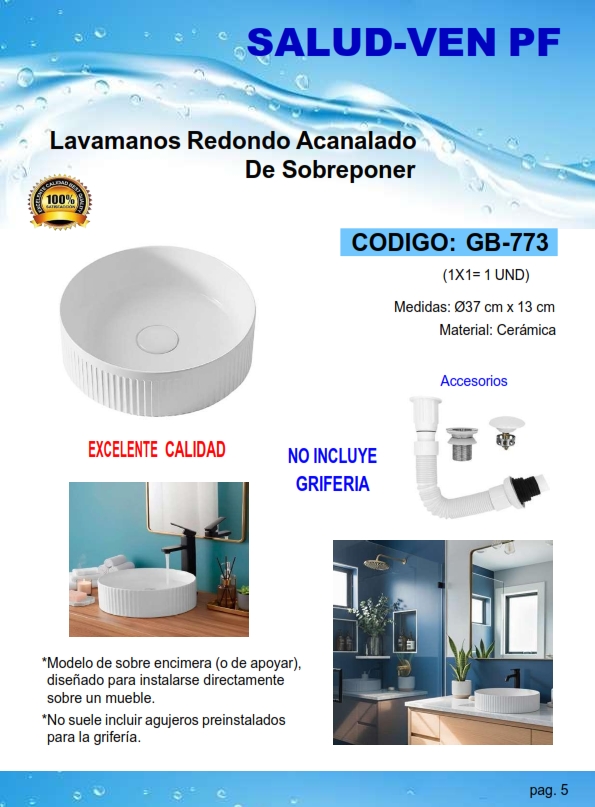 LAVAM CERAMICA REDON ACANALADO SOBREPONER - 37X13CM - C/ACCE