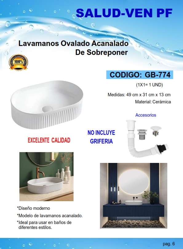 LAVAM CERAMICA OVALAD ACANALADO SOBREPONER - 49X31CM - C/ACC