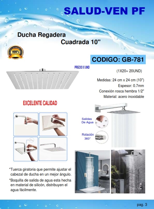 DUCHA REG INOX/CROM 1/2 X 10" - 0,7MM - CUAD