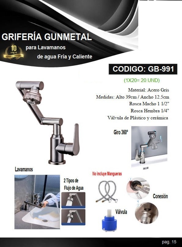 GRIF LUJO MULTIPOSICION FRIA/CAL - ACERO GRIS P/LAVAP 39X12C