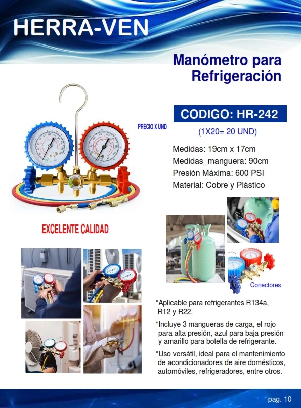 MANOMETRO P/REFRIGERACION - 600PSI - MANGUERA 90CM - 19X17CM