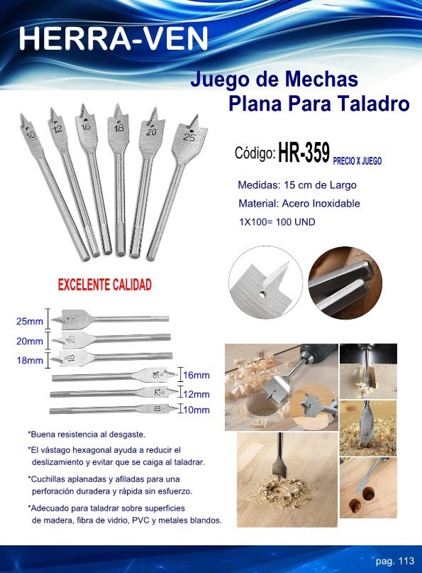 JUEGO BROCAS PLANA P/MADERA - TALADRO 10-12-16-18-20-25 mm