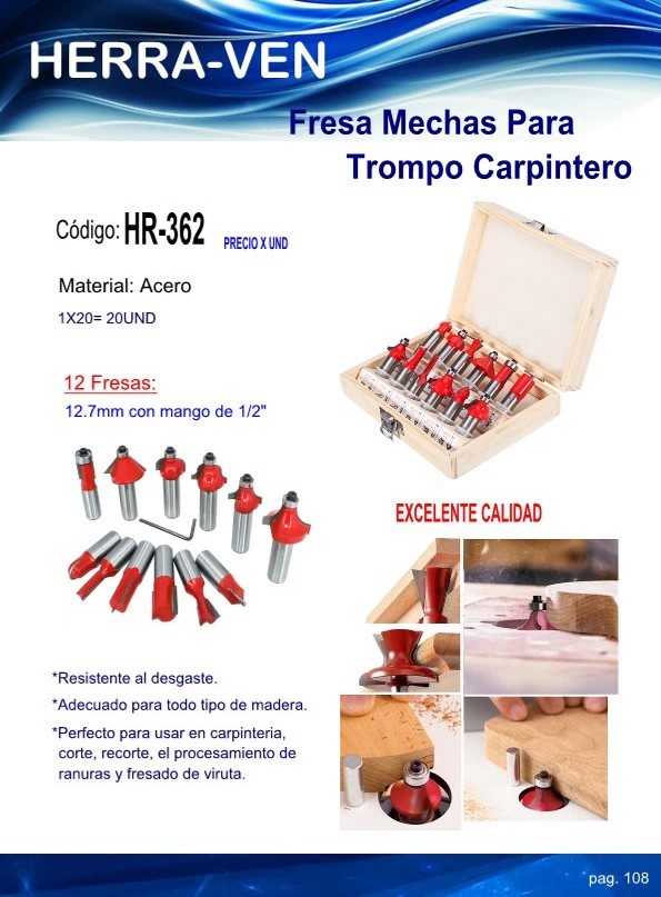 JUEGO FRESAS - 12 MECHAS ACERO P/TROMPO CARPINTERO