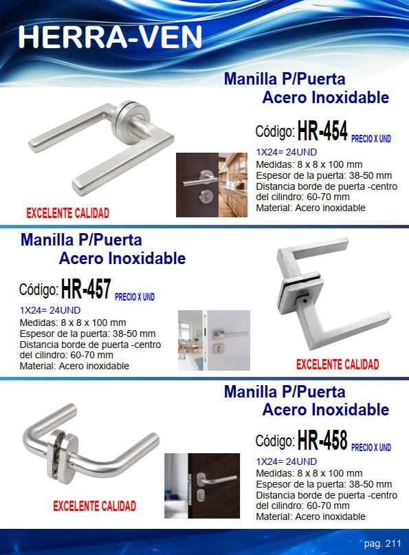 MANILLA P/PUERTA ACERO INOX - ESPESOR 3,8 A 5CM - CILINDRO 6
